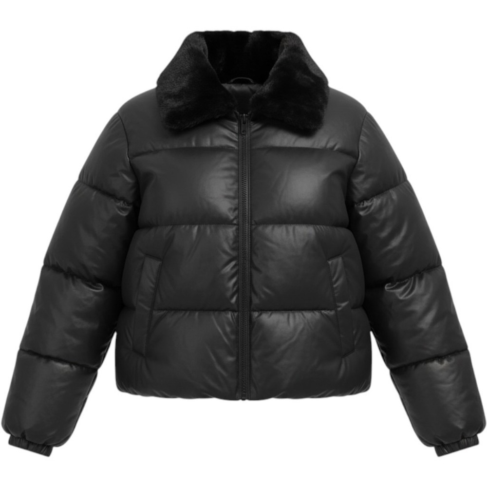 Gap Womens Black Faux Leather Puffer Jacket Faux Fur Collar XL New 849283-00-1